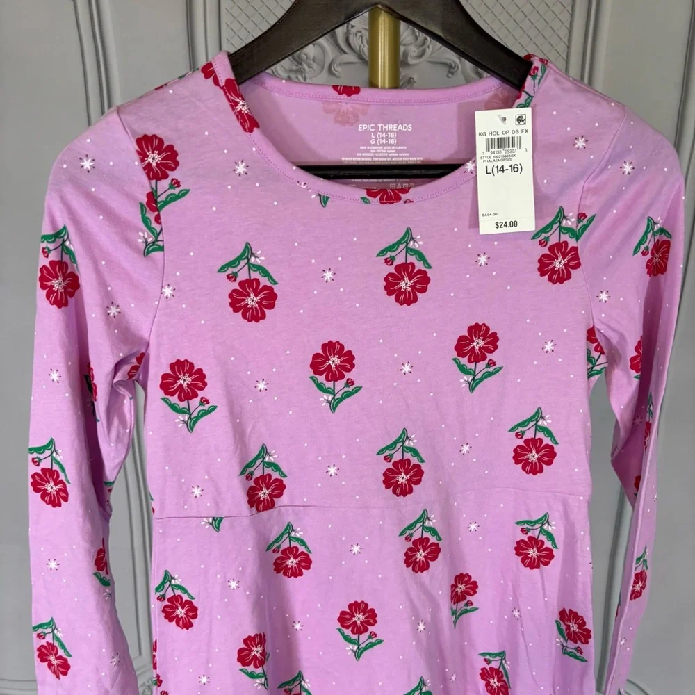 New Epic Threads Girls Dress XL 14 16 Pink Floral Long Sleeve Cotton Blend Play
